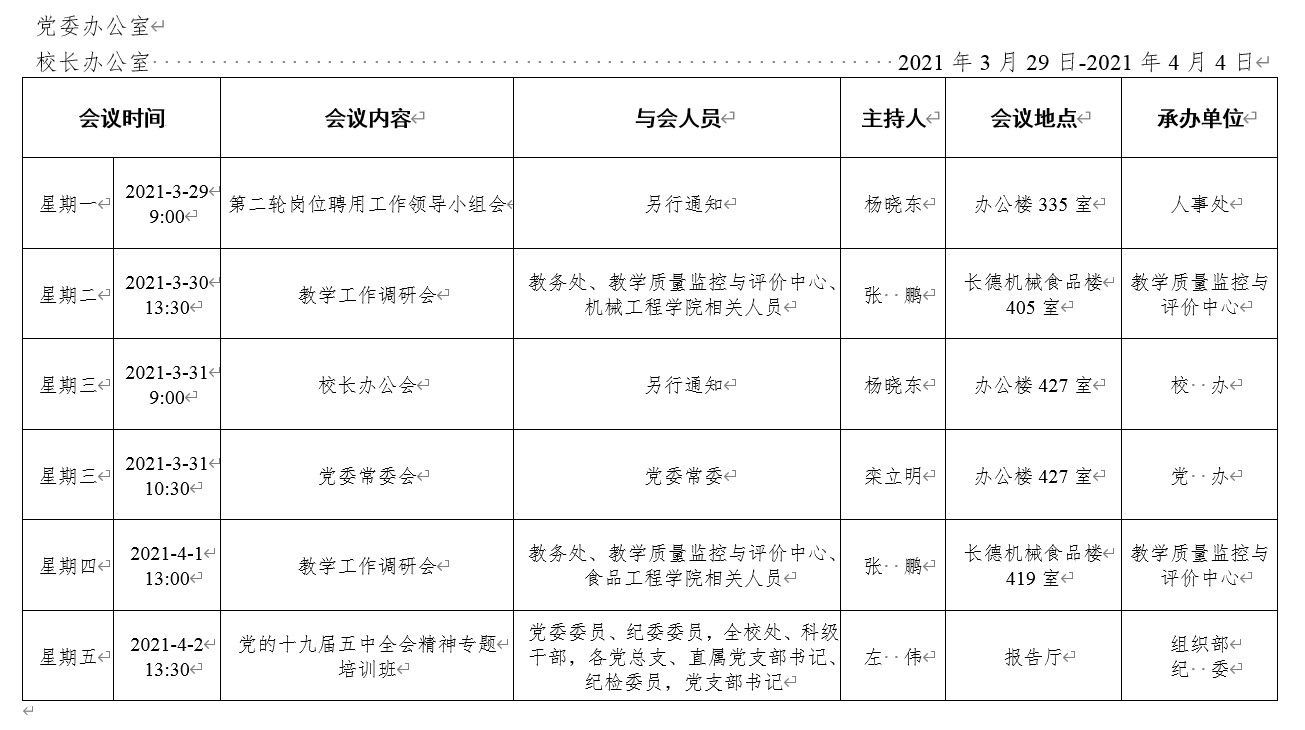 第五周会议安排表2021年3月29日2021年4月4日